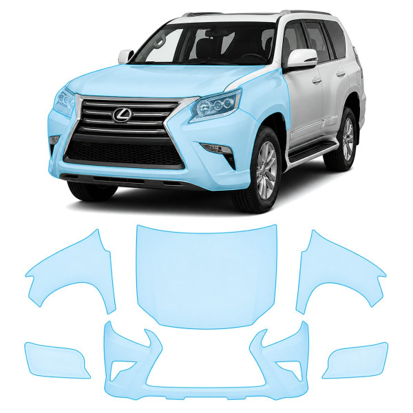 Антигравийная защитная бронепленка по лекалам для Lexus GX J150 facelift 1 2014-2019 - передняя часть авто (капот бампер фары крылья)