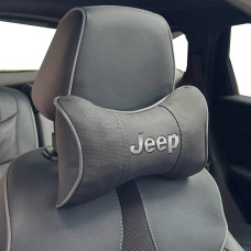 Подушка на підголівник з логотипом Jeep Екошкіра 3D Кольоровий лого Чорні-Сірий кант 1 шт