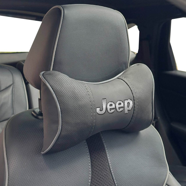Подушка на підголівник з логотипом Jeep Екошкіра 3D Кольоровий лого Чорні-Сірий кант 1 шт