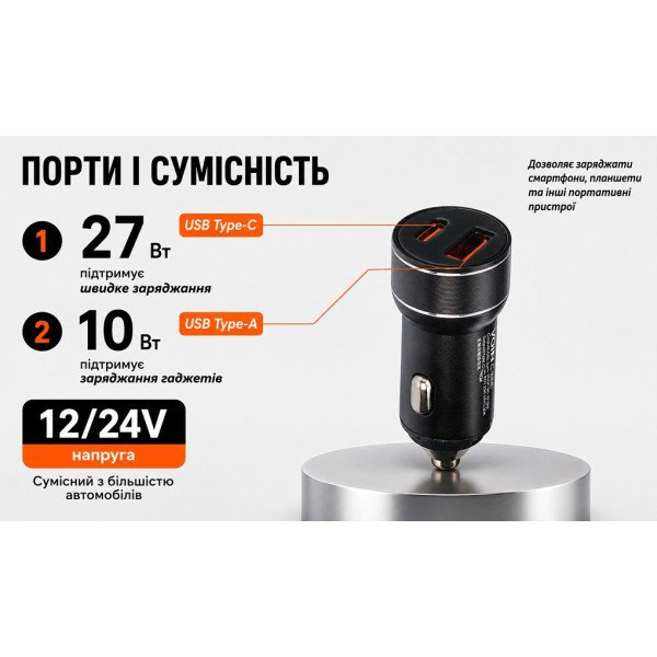 Автомобильное зарядное устройство VOIN 30W, 1USB QC3.0 18W + 1PD 30W, 12/24V (C-36212)