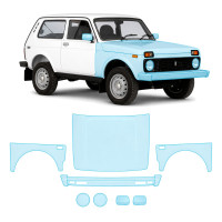 Антигравийная защитная бронепленка по лекалам для LADA Niva 2121 1977-2020 - передняя часть авто (капот бампер фары крылья)