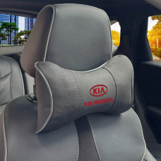 Подушка на підголівник з логотипом Kia Екошкіра 3D Кольоровий лого Чорна-Сірий кант 1 шт