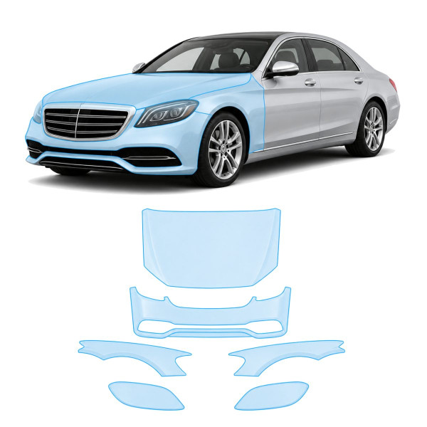 Антигравийная защитная бронепленка по лекалам для Mercedes-Benz S-Class W222 facelift 2017-2020 - передняя часть авто (капот бампер фары крылья)