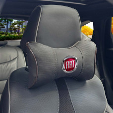 Подушка на подголовник с логотипом Fiat Экокожа 3D Цветной лого Черная-Коричневый кант 1 шт