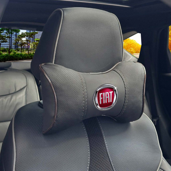 Подушка на підголівник з логотипом Fiat Екошкіра 3D Кольоровий лого Чорна-Коричневий кант 1 шт