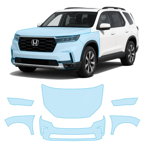 Антигравийная защитная бронепленка по лекалам для Honda Pilot IV 2023- передняя часть авто (капот бампер фары крылья)