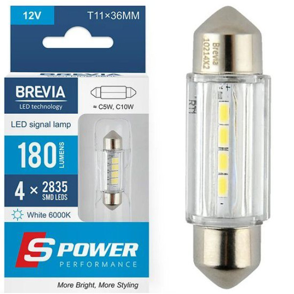 LED автолампа Brevia Spower 12/24V T11 36мм C5W (C10W) 4x12835SMD 180Lm 6000K CANbus T11x36MM 2 шт (10214X2)