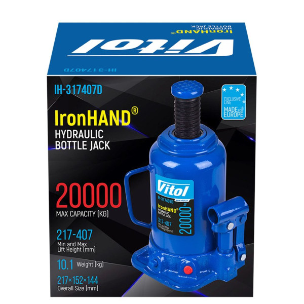 Домкрат гідравлічний 20т Висота підйому 217-407 мм 9,7 кг Iron Hand в коробці (IH-317407D)