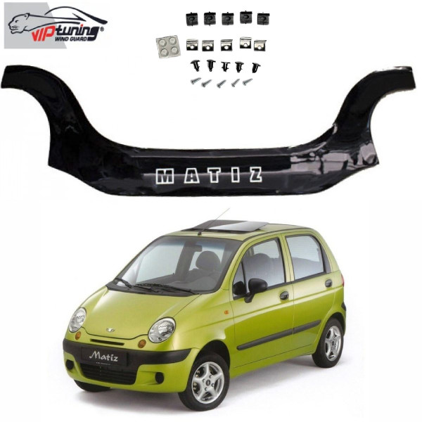 Дефлектор капота мухобойка Daewoo Matiz 1998-2008 с заходом на фары Евро Крепление (Vip Tuning) DW01