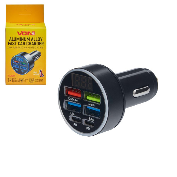 Автомобільний зарядний пристрій VOIN, 36W, 4USB QC3.0 18W + 2PD 18W, 12/24V (C-36211)