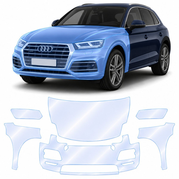 Антигравийная защитная бронепленка по лекалам для Audi Q5 FY 2017-2020 - передняя часть авто (капот бампер фары крылья)