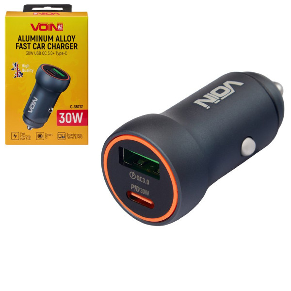 Автомобильное зарядное устройство VOIN 30W, 1USB QC3.0 18W + 1PD 30W, 12/24V (C-36212)
