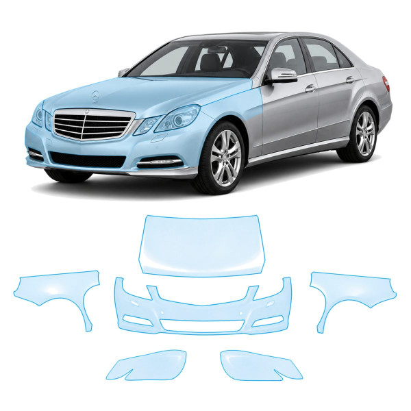 Антигравийная защитная бронепленка по лекалам для Mercedes-Benz E-Class W212 2009-2013 - передняя часть авто (капот бампер фары крылья)