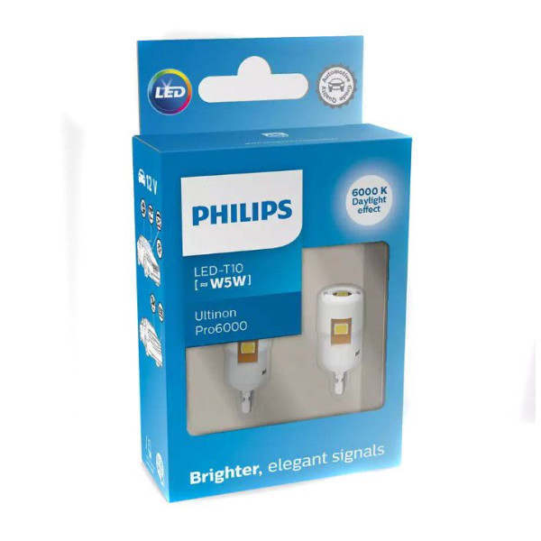 Світлодіод 12V Т10 Philips LED White Ultinon Pro6000 12В W5W (11961CU60X2) 2 шт