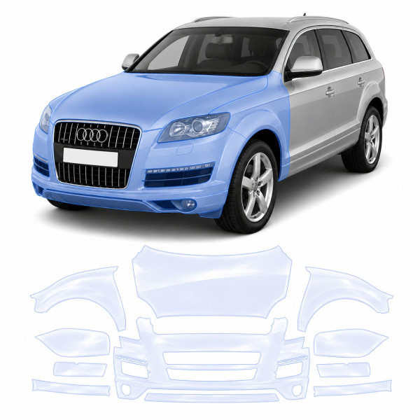 Антигравийная защитная бронепленка по лекалам для Audi Q7 4L 2005-2015 - передняя часть авто (капот бампер фары крылья)