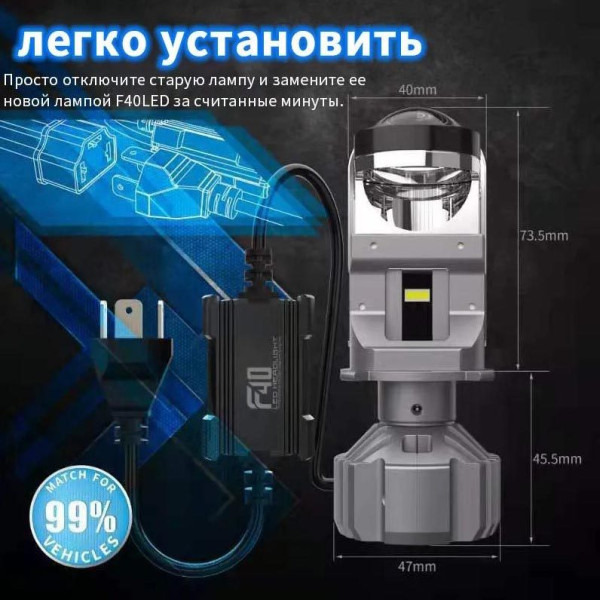 LED лампы автомобильные F40 H4 140W 16000lm 6000K (Линзованные D40 мм С Обманкой Canbus)