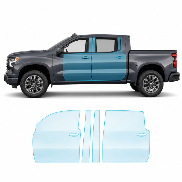 Антигравийная защитная бронепленка по лекалам для Chevrolet Silverado IV facelift 2022- зоны дверей и стойки окон