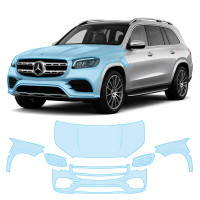 Антигравийная защитная бронепленка по лекалам для Mercedes-Benz GLS X167 2019-2023 - передняя часть авто (капот бампер фары крылья)