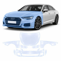 Антигравийная защитная бронепленка по лекалам для Audi A6 C8 facelift 2023-2025 - передняя часть авто (капот бампер фары крылья)