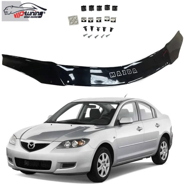 Дефлектор капоту мухобійка для Mazda 3 2003-2008 седан Євро Кріплення (Vip Tuning)