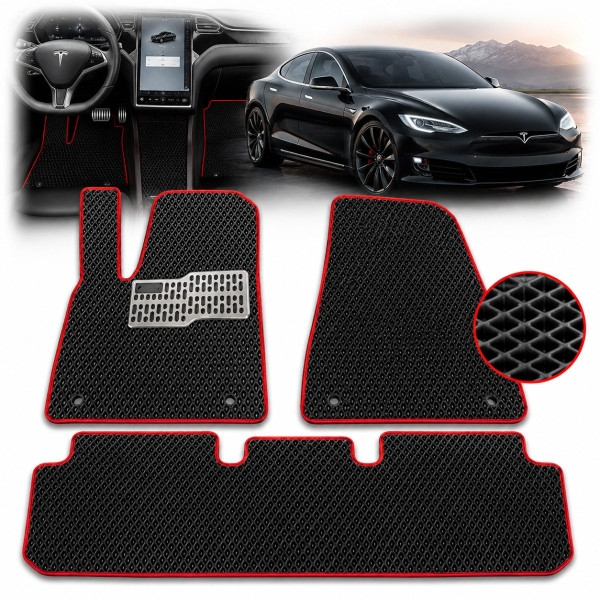 Килимки в салон EVA для Tesla Model S 2012-2020 з підп'ятником Чорні-Червоний кант T-01 T-09