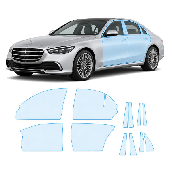 Антигравійна захисна бронеплівка за лекалами для Mercedes-Benz S-Class W223 2020- зони дверей і стійки вікон