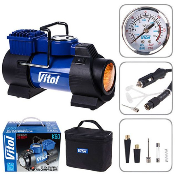 Компрессор автомобильный Vitol 150psi 15Amp 40л Провод 3 м Шланг 1 м R13-16 Фонарь (K-60)