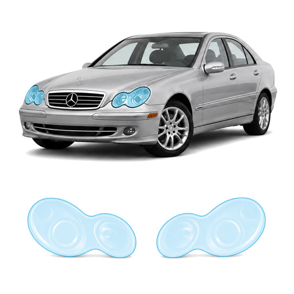 Антигравійна захисна бронеплівка за лекалами для Mercedes-Benz C-Class W203 facelift 2004-2007 - оптика (фари та ПТФ)