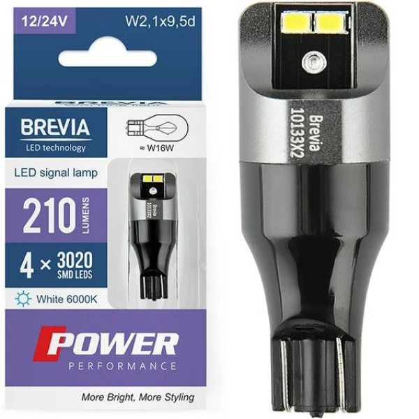 LED автолампа Brevia Power 12/24V W16W 210Lm 4x3020SMD CANbus W2,1x9,5d 2 шт (10133X2)