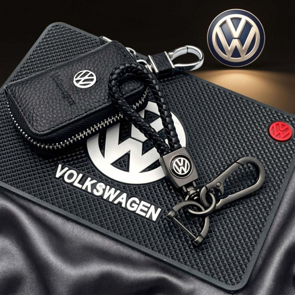 Подарунковий набір №55 для Volkswagen / Килимок Торпеди / Брелок плетеный з карабіном / Чохол тиснений шкіра