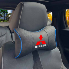 Подушка на підголівник з логотипом Mitsubishi Екошкіра 3D Кольоровий лого Чорна-Синій кант 1 шт