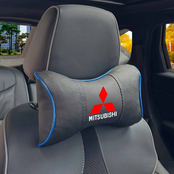 Подушка на підголівник з логотипом Mitsubishi Екошкіра 3D Кольоровий лого Чорна-Синій кант 1 шт