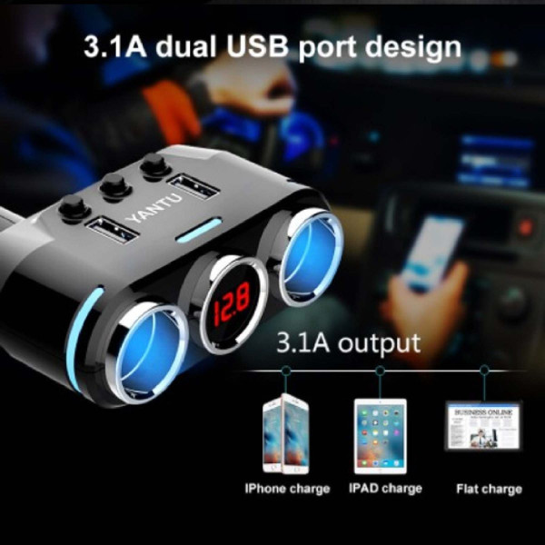 Автомобильный разветвитель прикуривателя YANTU 3 в 1 USB 12/24 вольт Type C