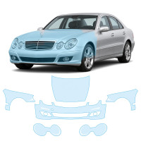 Антигравийная защитная бронепленка по лекалам для Mercedes-Benz E-Class W211 facelift 2006-2009 - передняя часть авто (капот бампер фары крылья)