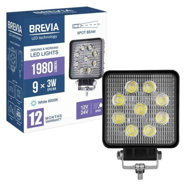 LED фара Brevia Sport Далеке світло 10-30V 27W (9x3W) 1980Lm Алюмінієвий корпус IP68 (10642QSX1)