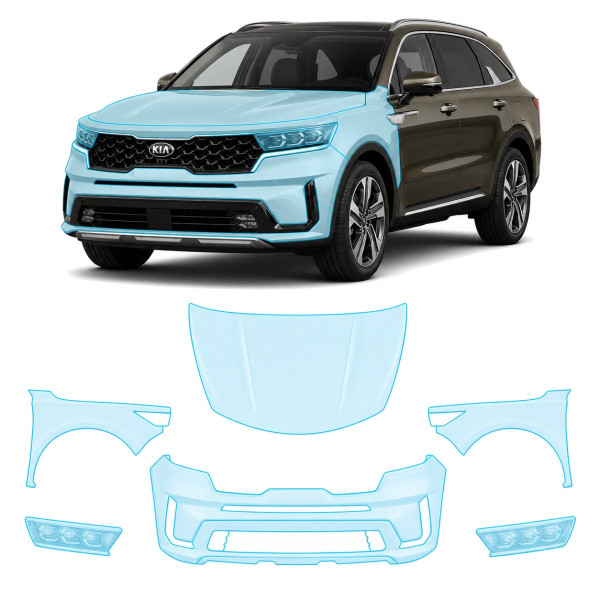 Антигравийная защитная бронепленка по лекалам для Kia Sorento MQ4 2020-2023 - передняя часть авто (капот бампер фары крылья)