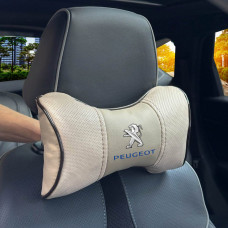 Подушка на підголівник з логотипом Peugeot Екошкіра 3D Кольоровий лого Бежева-Коричневий кант 1 шт