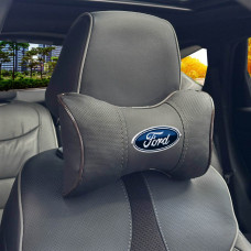 Подушка на подголовник с логотипом Ford Экокожа 3D Цветной лого Черная-Коричневый кант 1 шт