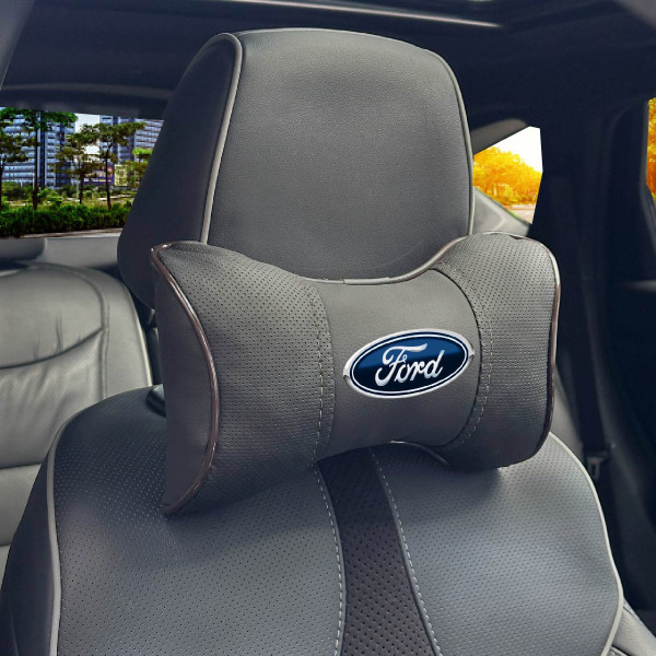 Подушка на підголівник з логотипом Ford Екошкіра 3D Кольоровий лого Чорна-Коричневий кант 1 шт