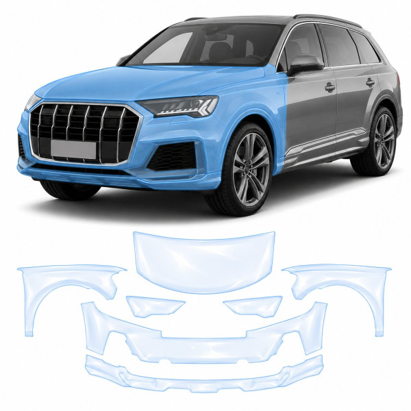 Антигравийная защитная бронепленка по лекалам для Audi Q7 4M facelift 2020-2024 - передняя часть авто (капот бампер фары крылья)