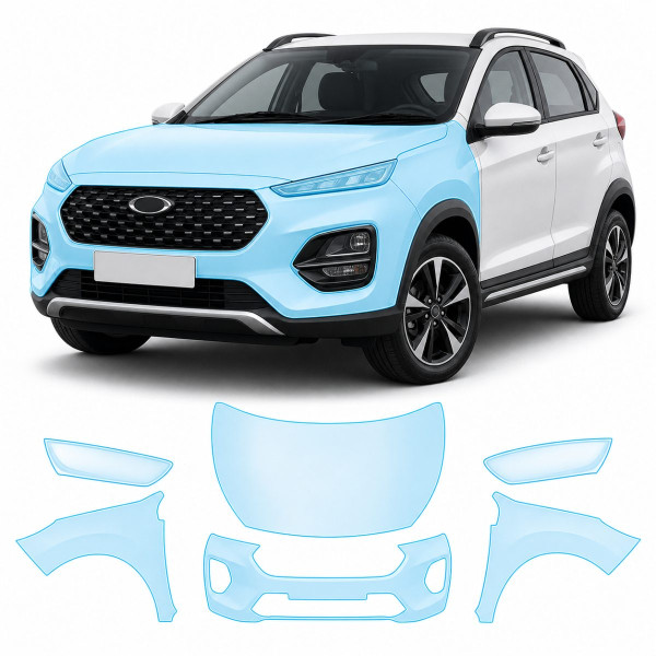 Антигравийная защитная бронепленка по лекалам для Chery Tiggo 2 Pro I 2022- передняя часть авто (капот бампер фары крылья)