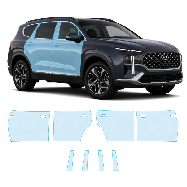 Антигравийная защитная бронепленка по лекалам для Hyundai Santa Fe TM facelift 2021-2023 - зоны дверей и стойки окон