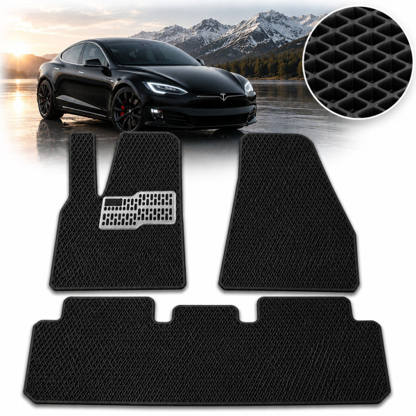 Коврики в салон EVA для Tesla Model S 2012-2020 с подпятником Черные-Черный кант T-01 T-09