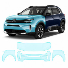 Антигравийная защитная бронепленка по лекалам для Citroen C5 Aircross I facelift 2022-2024 - передняя часть авто (капот бампер фары крылья)