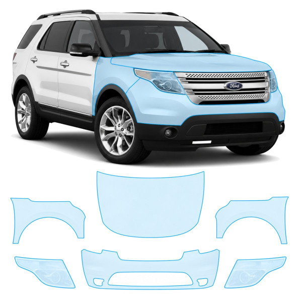 Антигравийная защитная бронепленка по лекалам для Ford Explorer (US) V 2011-2019 - передняя часть авто (капот бампер фары крылья)