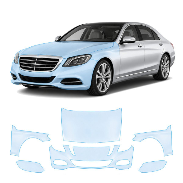 Антигравийная защитная бронепленка по лекалам для Mercedes-Benz S-Class W222 2013-2017 - передняя часть авто (капот бампер фары крылья)