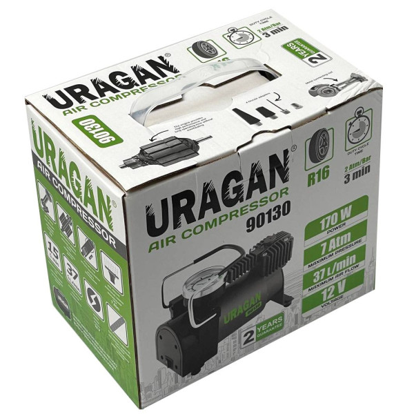 Компрессор автомобильный URAGAN 12V 14А 37л/мин 170Вт 1 м шланг (90130)