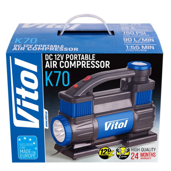 Автомобільний компресор Vitol 150psi 25Amp R15-R18 90л 2 циліндри шланг 1,0+5,0м клеми (K-70)