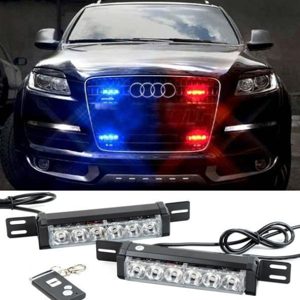 Стробоскоп Світлодіодний 12V DRL / 3W* 6LED 2 Режимів З Пультом Червоний-Синій-Білий (T1001-2)