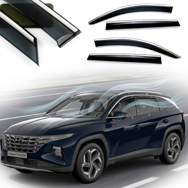 Дефлектори вікон вітровики Benke для Hyundai Tucson (NX4) 2021- Long Хром Молдинг Із Нержавіючої Сталі 3D (BHYTS2123-W/S)